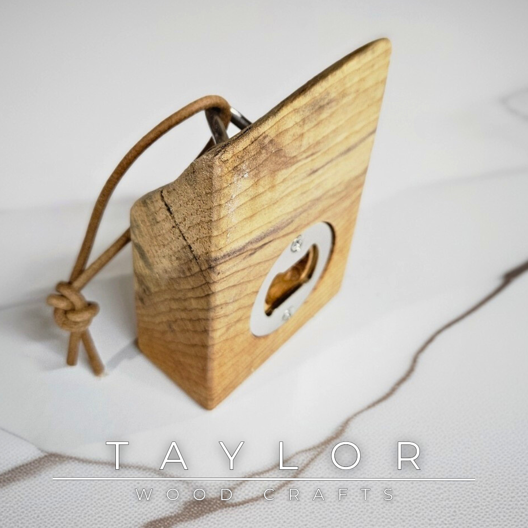 Handcrafted wooden bottle opener with leather hanging string—functional, stylish, and perfect for kitchens, bars, or outdoor spaces.