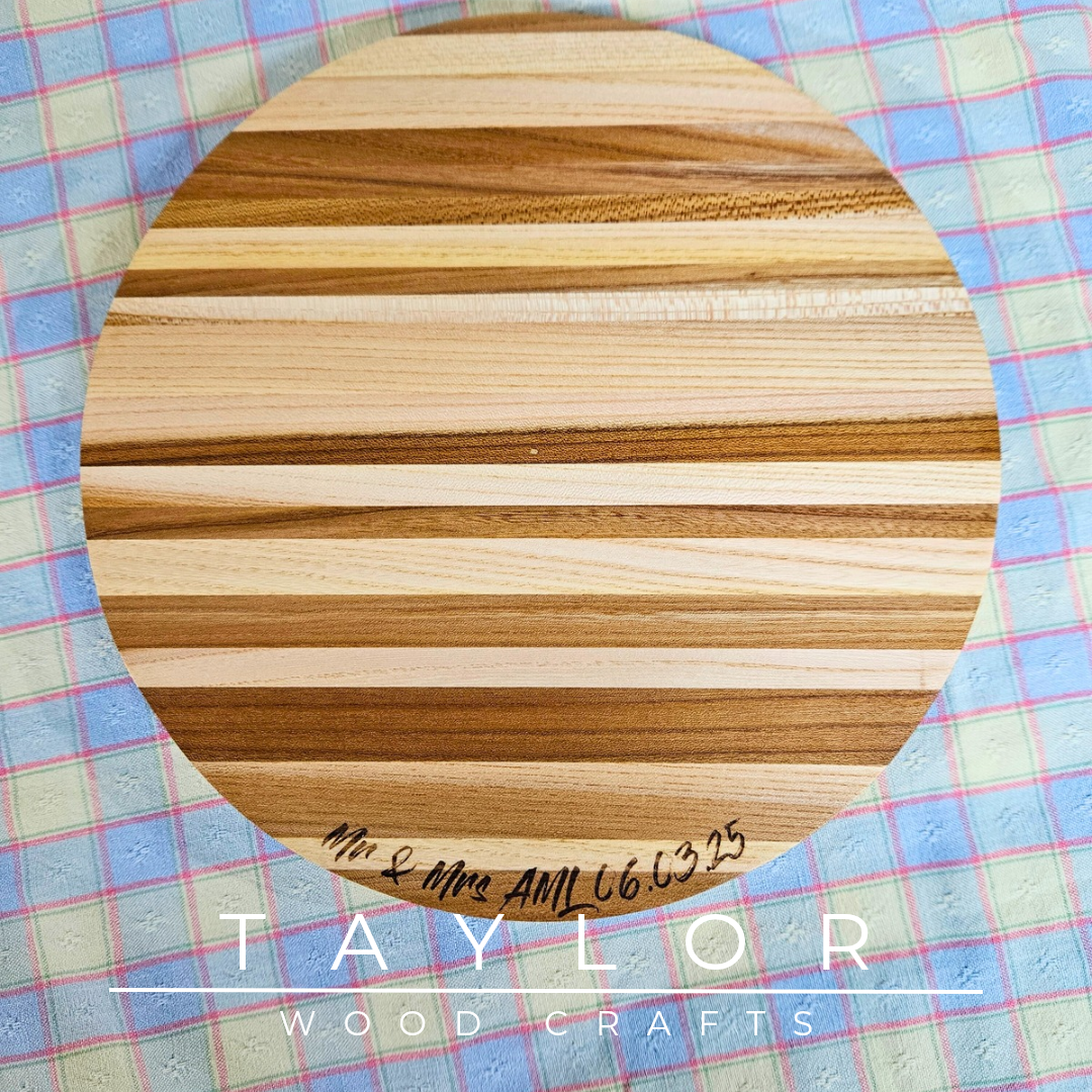 Handcrafted circular wedding cake board with personalized laser engraving, offering elegant support and a custom touch for your special day.