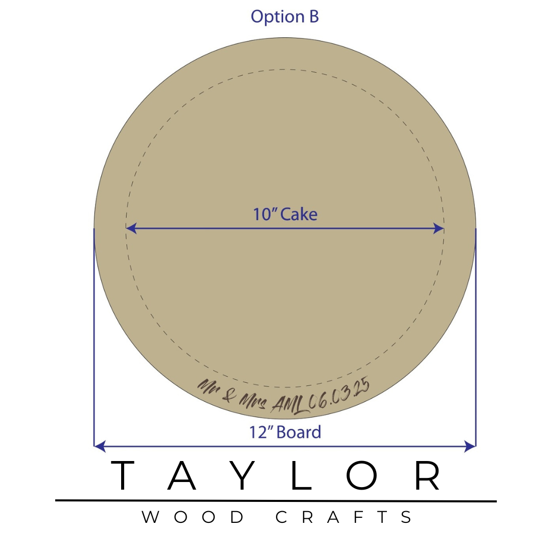 Handcrafted circular wedding cake board with personalized laser engraving, offering elegant support and a custom touch for your special day.