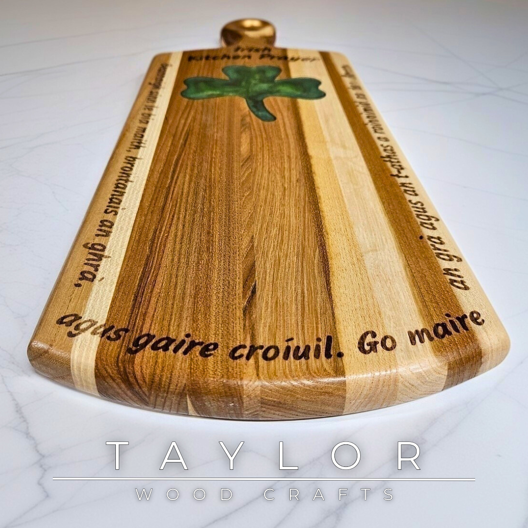 Charcuterie Board Taylor Wood Crafts elm paddle-style board with shamrock epoxy inlay Irish prayer engraving, food‑safe finish