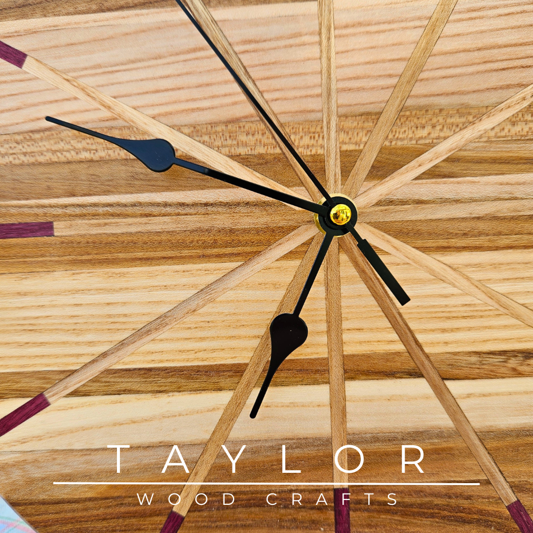 Handcrafted elm wood clock with purple heart hourly markers, combining natural elegance and functionality to enhance your space with style.