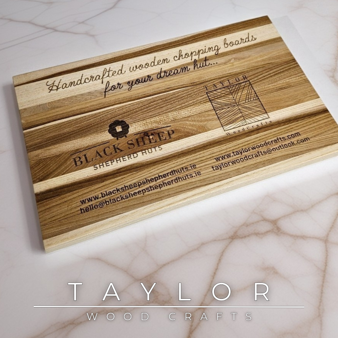Collaboration laser engraving Taylor Wood Crafts – Custom elm wood chopping board featuring dual logos and contact details
