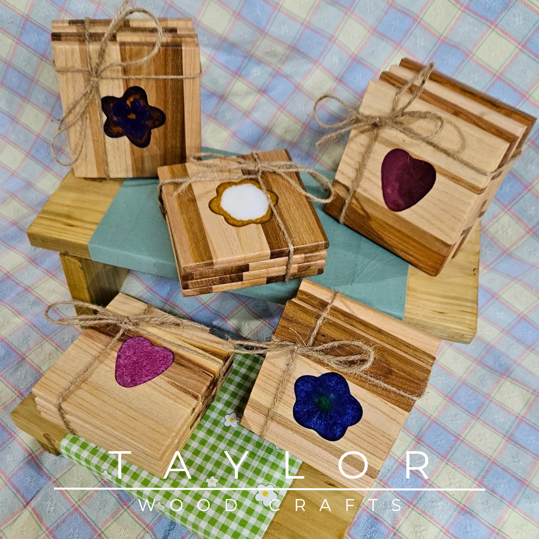 Handcrafted elm wood coasters with vibrant epoxy resin inserts, combining durability, style, and a pop of color to protect your surfaces.