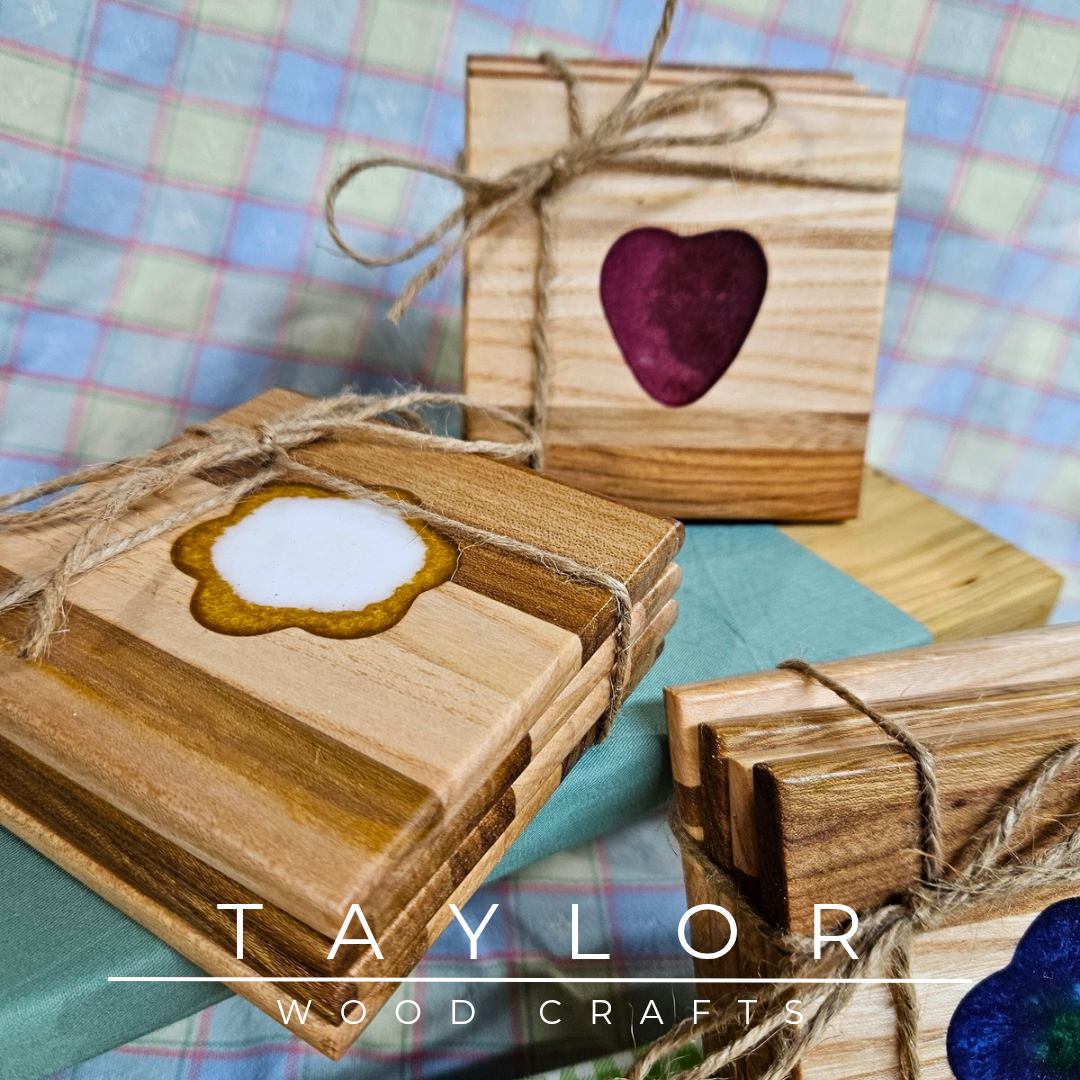 Handcrafted elm wood coasters with vibrant epoxy resin inserts, combining durability, style, and a pop of color to protect your surfaces.