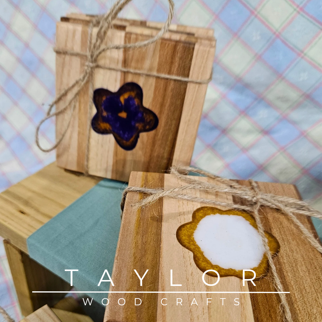 Handcrafted elm wood coasters with vibrant epoxy resin inserts, combining durability, style, and a pop of color to protect your surfaces.