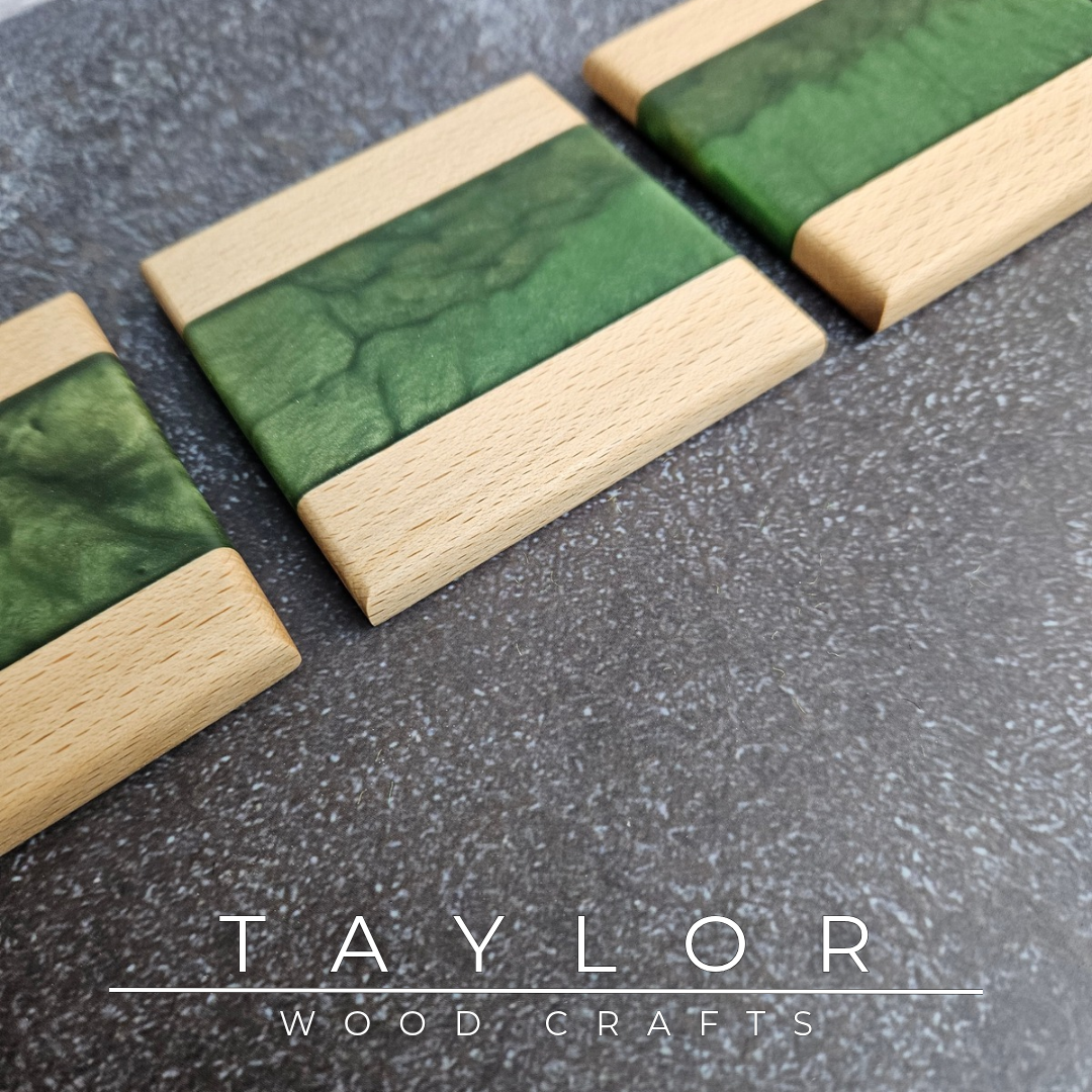 Handcrafted epoxy river coasters made from beech wood with green resin, handmade in Northern Ireland by Taylor Wood Crafts.