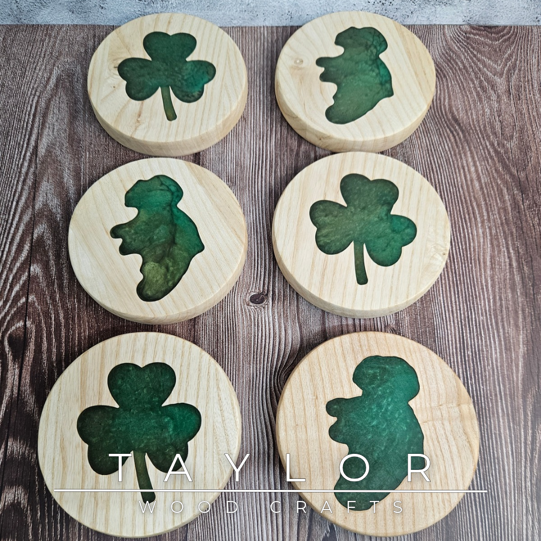 Handmade Irish resin trivet with green epoxy Shamrock or Island of Ireland design, crafted in Northern Ireland by Taylor Wood Crafts.