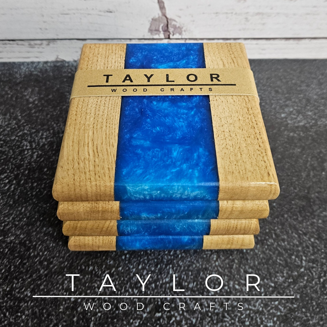 Handcrafted epoxy river coasters made from beech wood with green resin, handmade in Northern Ireland by Taylor Wood Crafts.