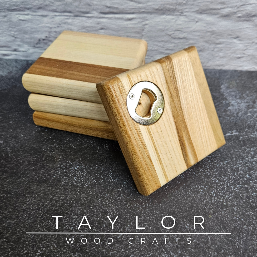 Handmade XL hardwood coaster with built-in stainless steel bottle opener, crafted in Northern Ireland by Taylor Wood Crafts.