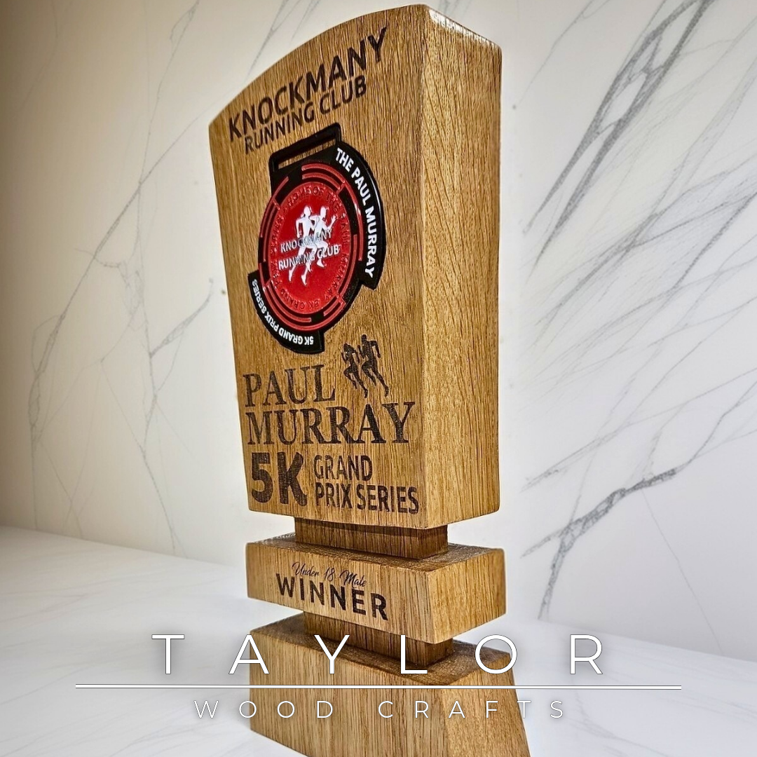Trophy Taylor Wood Crafts bespoke solid oak award with personalized laser engraving, ideal for sports clubs, medal