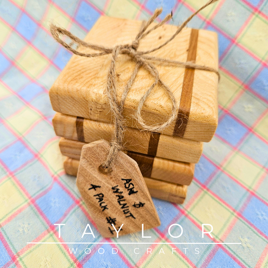 Handmade walnut and ash wood coasters, crafted for durability and style to protect your surfaces and enhance your home decor.