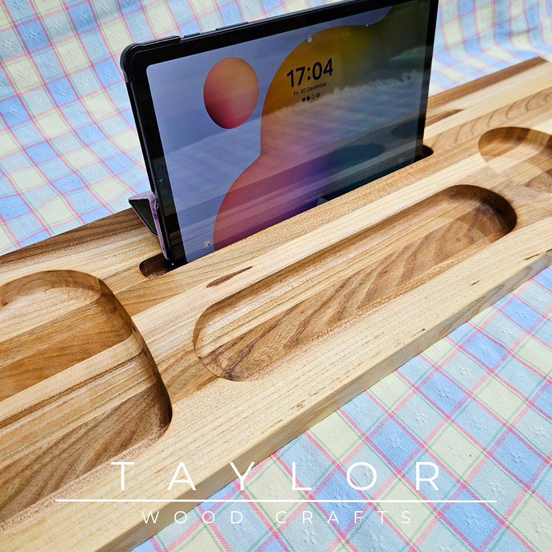 Handcrafted bath tray made with elm wood, designed to hold your tablet, drink, and snacks for the ultimate relaxation experience.