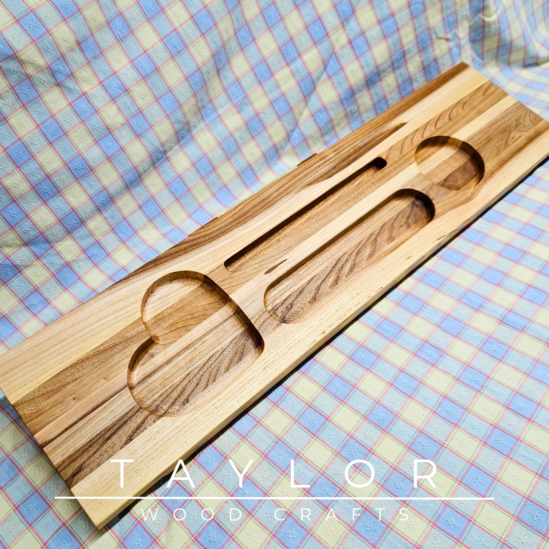 Handcrafted bath tray made with elm wood, designed to hold your tablet, drink, and snacks for the ultimate relaxation experience.