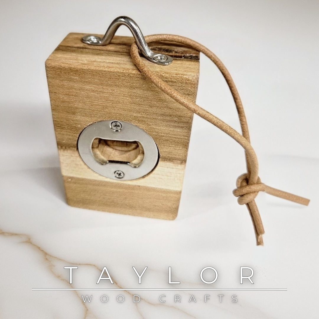 Handcrafted wooden bottle opener with leather hanging string—functional, stylish, and perfect for kitchens, bars, or outdoor spaces.