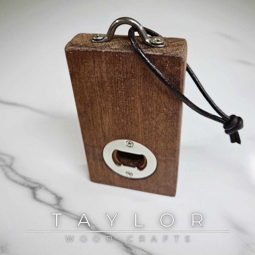 Handcrafted wooden bottle opener with leather hanging string—functional, stylish, and perfect for kitchens, bars, or outdoor spaces.