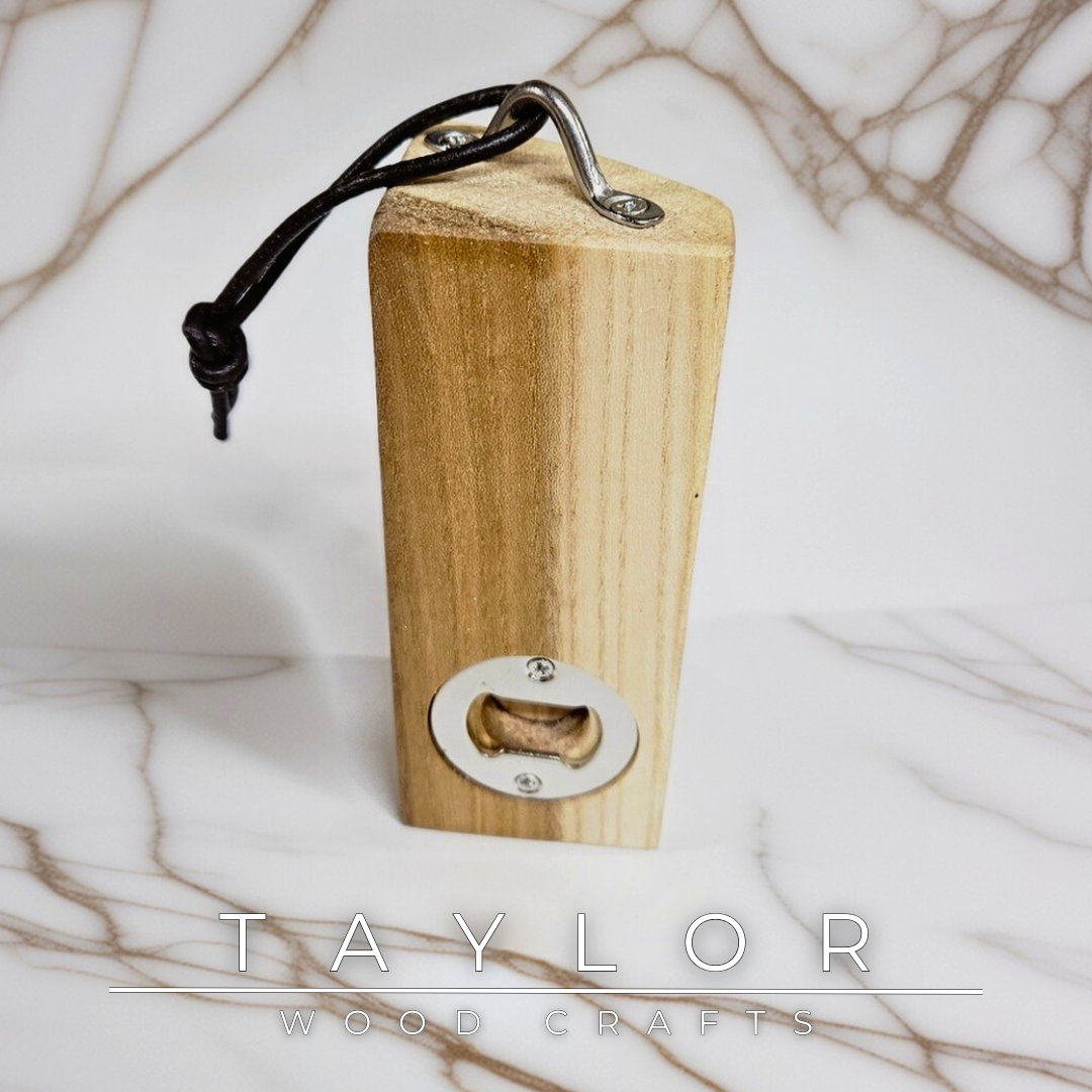 Handcrafted wooden bottle opener with leather hanging string—functional, stylish, and perfect for kitchens, bars, or outdoor spaces.