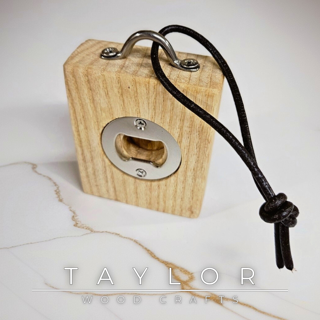 Handcrafted wooden bottle opener with leather hanging string—functional, stylish, and perfect for kitchens, bars, or outdoor spaces.