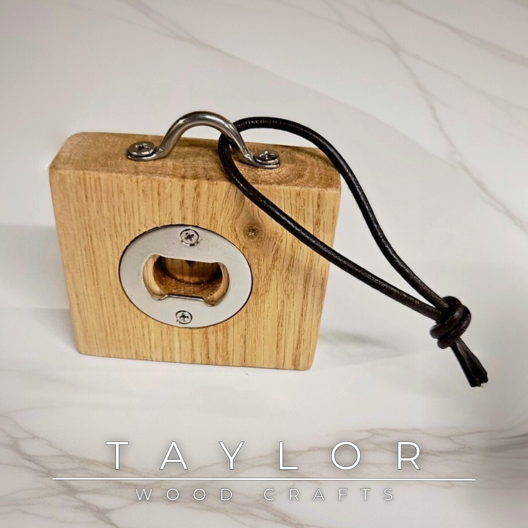Handcrafted wooden bottle opener with leather hanging string—functional, stylish, and perfect for kitchens, bars, or outdoor spaces.