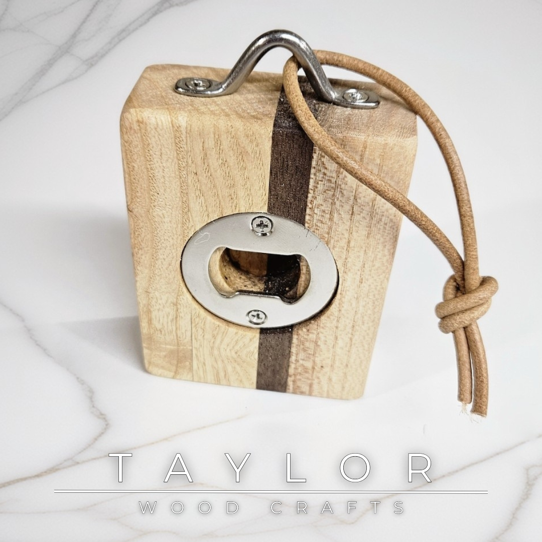 Handcrafted wooden bottle opener with leather hanging string—functional, stylish, and perfect for kitchens, bars, or outdoor spaces.