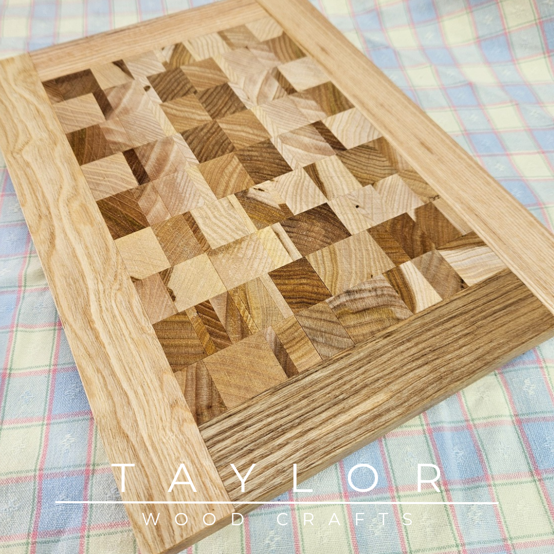 Handcrafted butcher block chopping board, made from durable elm wood, designed for precision and style in your kitchen.