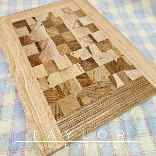 Handcrafted butcher block chopping board, made from durable elm wood, designed for precision and style in your kitchen.