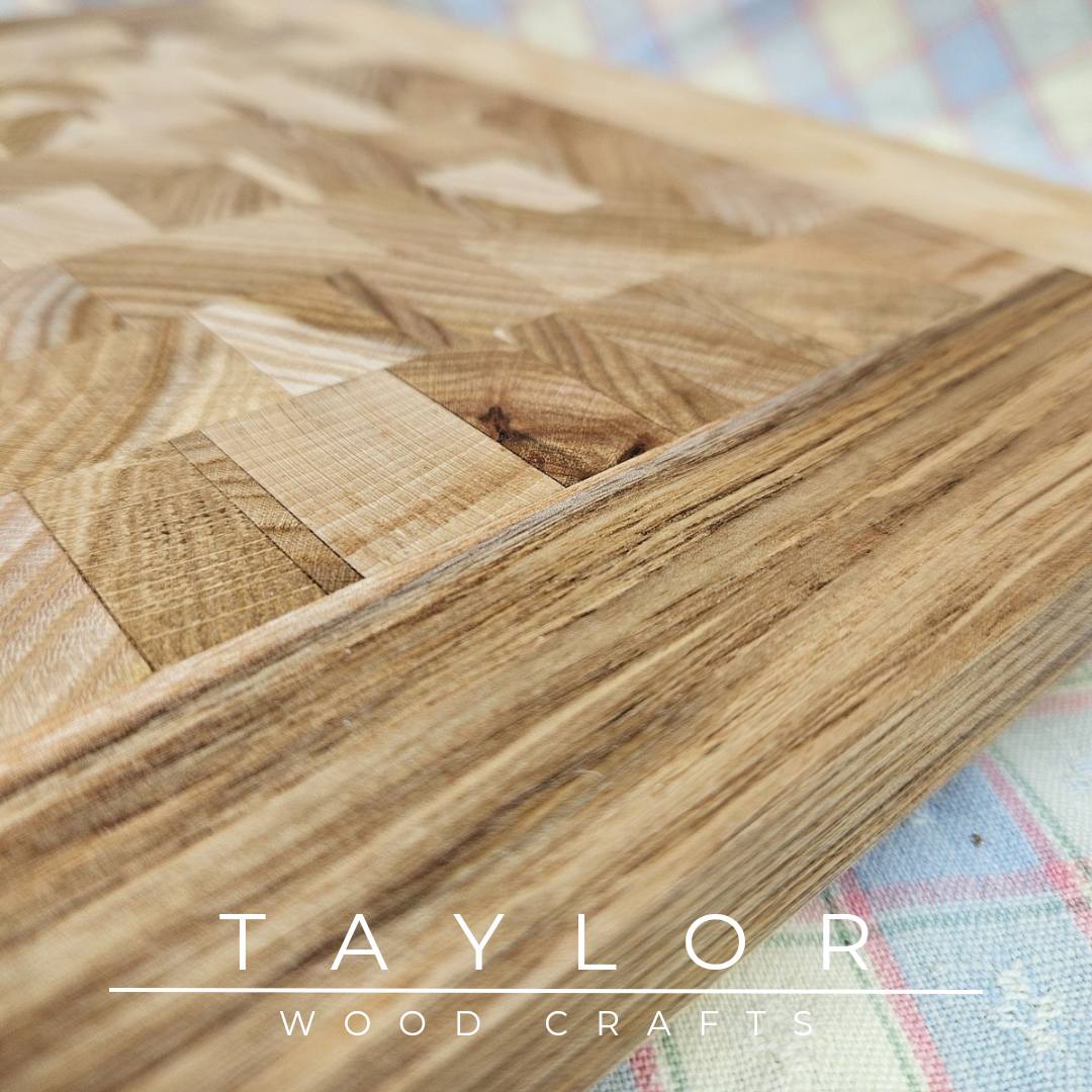 Handcrafted butcher block chopping board, made from durable elm wood, designed for precision and style in your kitchen.