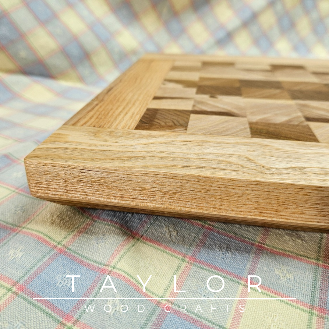 Handcrafted butcher block chopping board, made from durable elm wood, designed for precision and style in your kitchen.