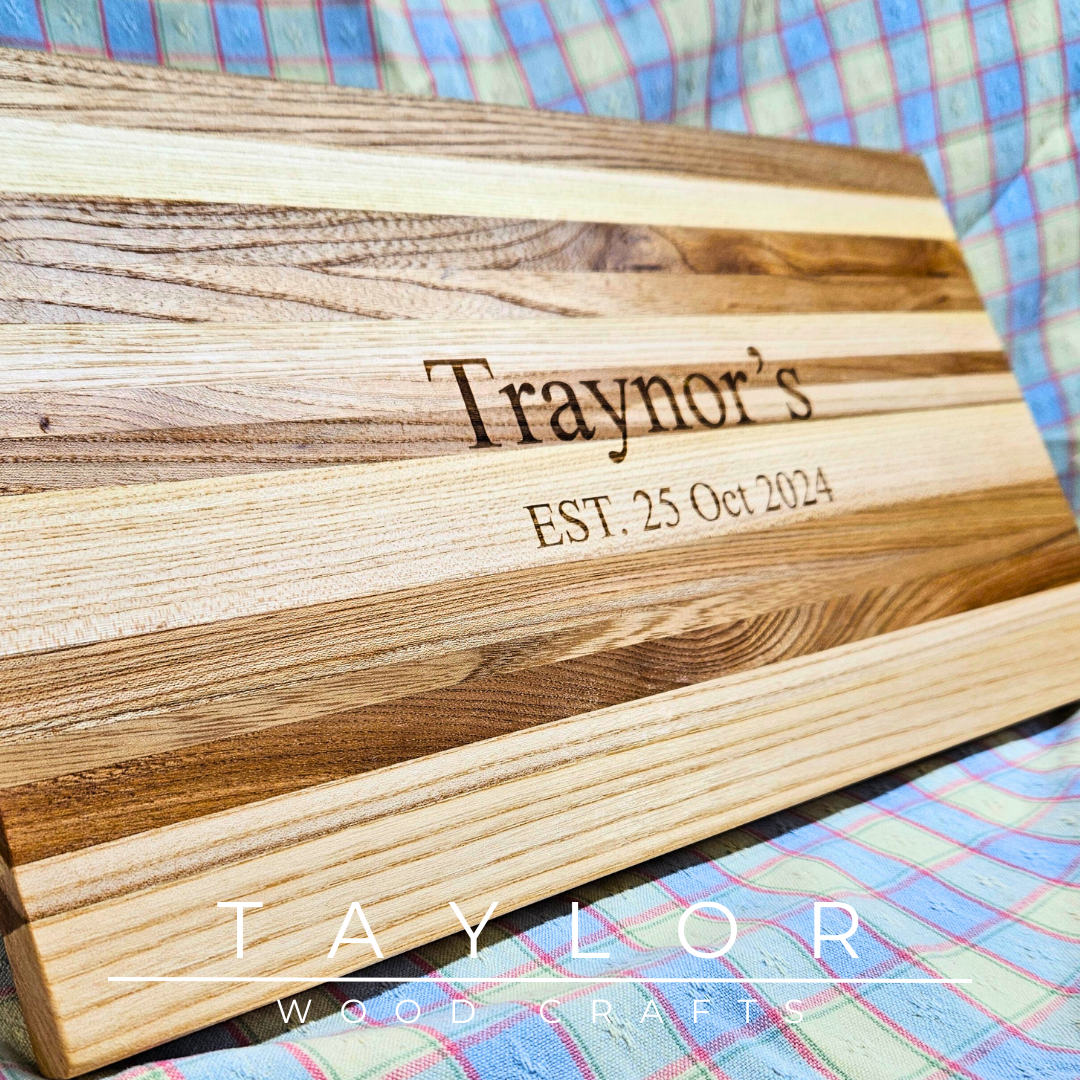 Handcrafted charcuterie board with personalized laser engraving, adding a custom touch and elegance for serving appetizers in style.