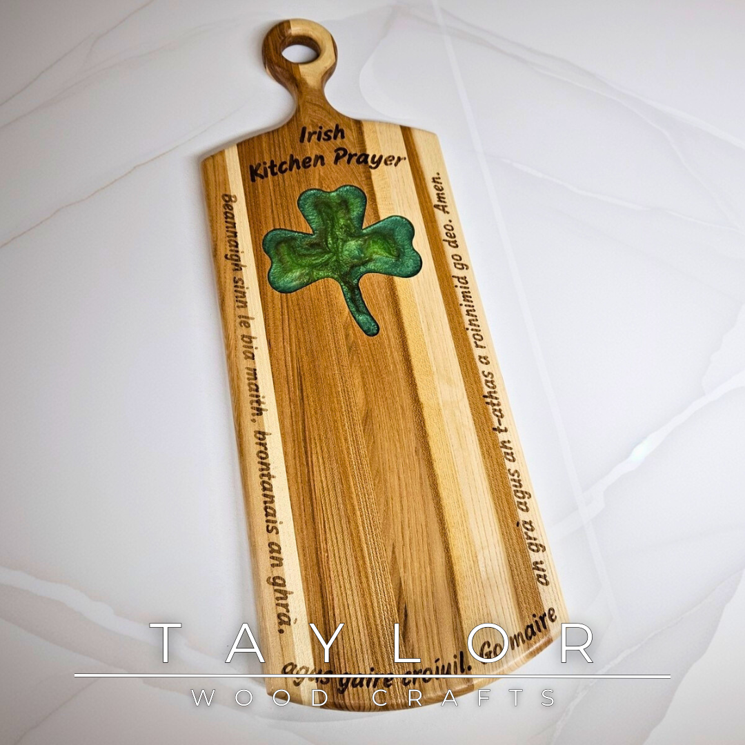 Charcuterie Board Taylor Wood Crafts elm paddle-style board with shamrock epoxy inlay Irish prayer engraving, food‑safe finish