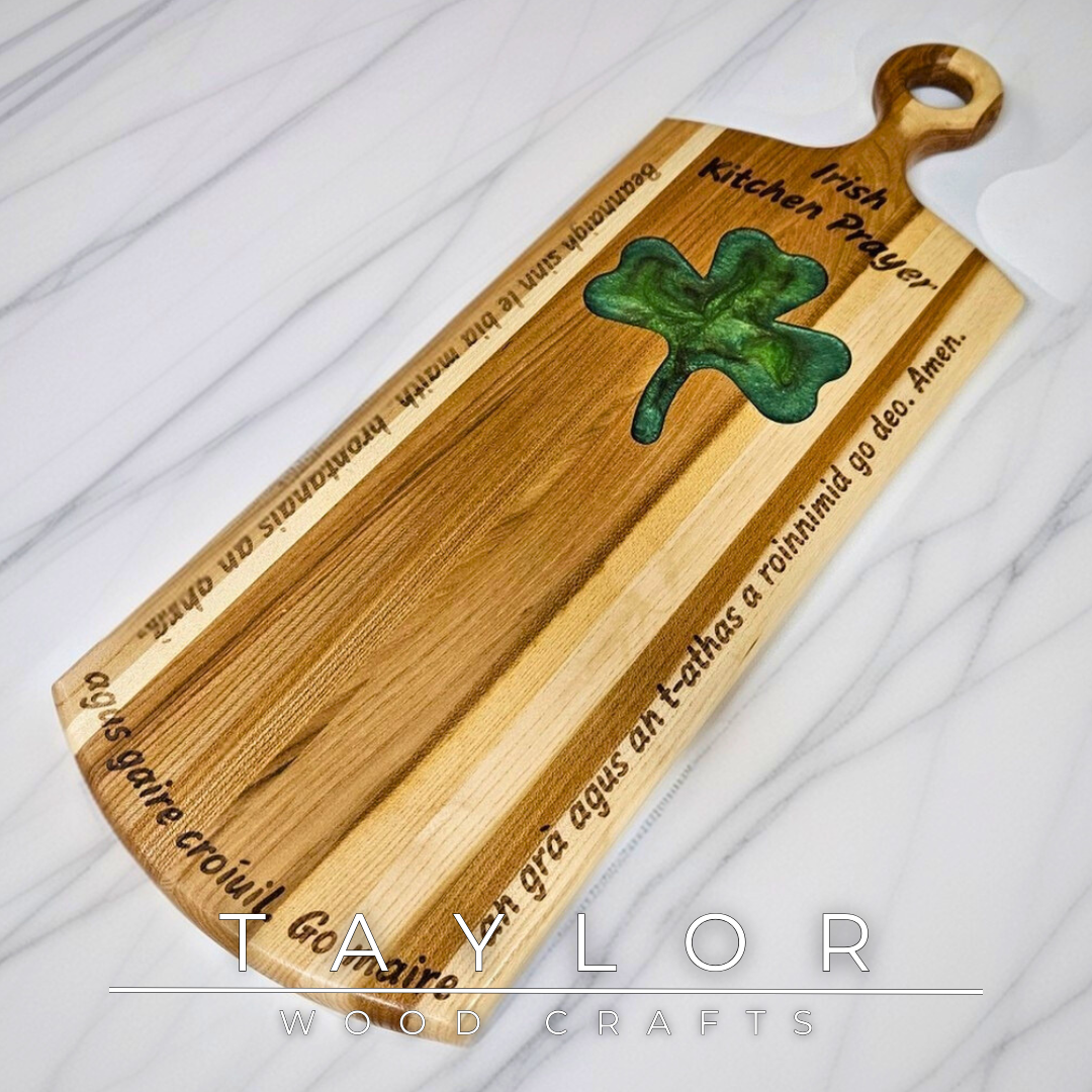 Charcuterie Board Taylor Wood Crafts elm paddle-style board with shamrock epoxy inlay Irish prayer engraving, food‑safe finish