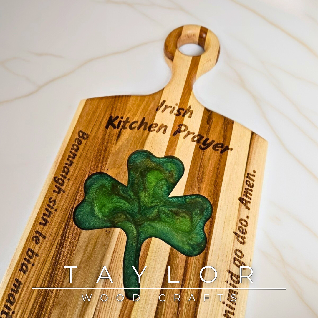 Charcuterie Board Taylor Wood Crafts elm paddle-style board with shamrock epoxy inlay Irish prayer engraving, food‑safe finish