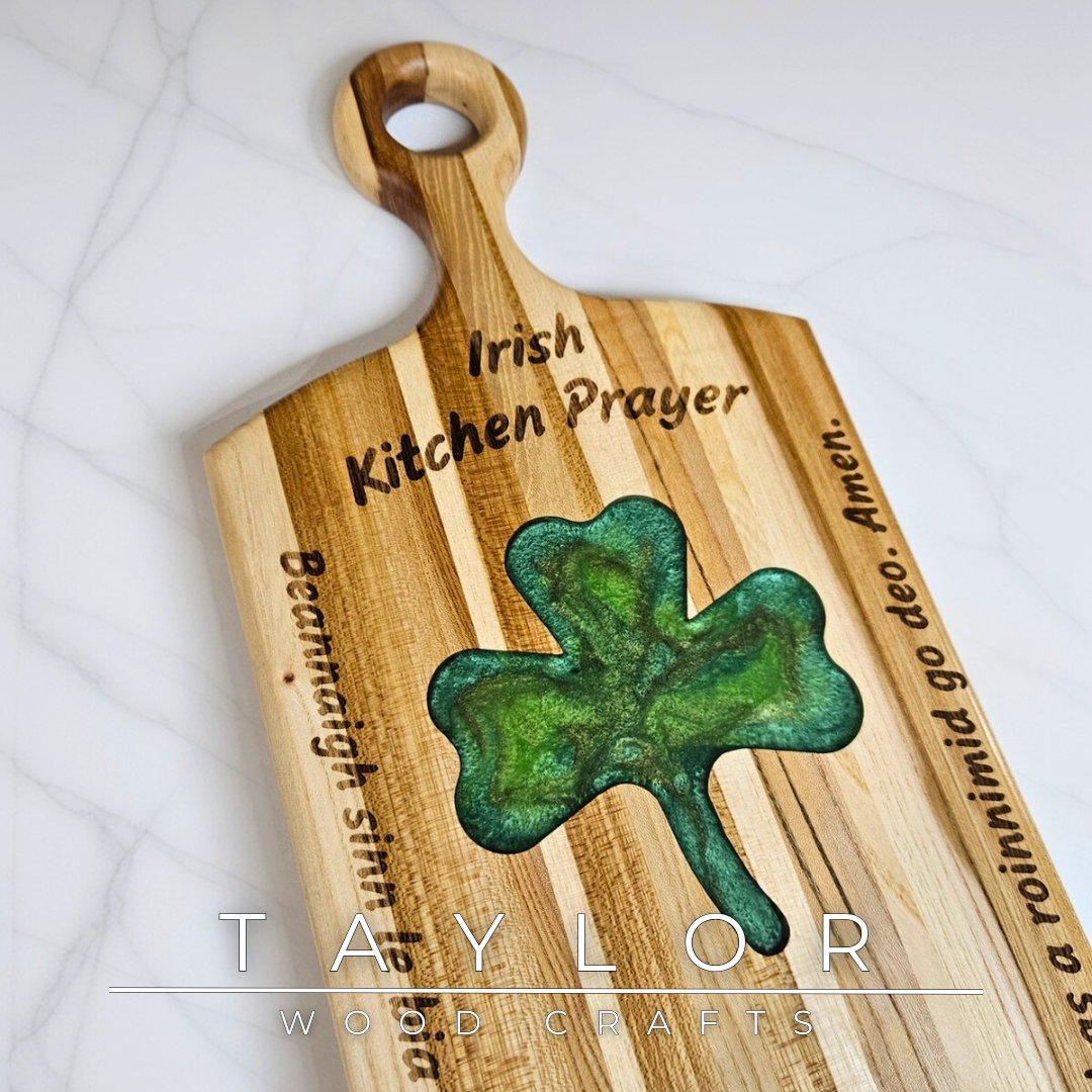 Charcuterie Board Taylor Wood Crafts elm paddle-style board with shamrock epoxy inlay Irish prayer engraving, food‑safe finish