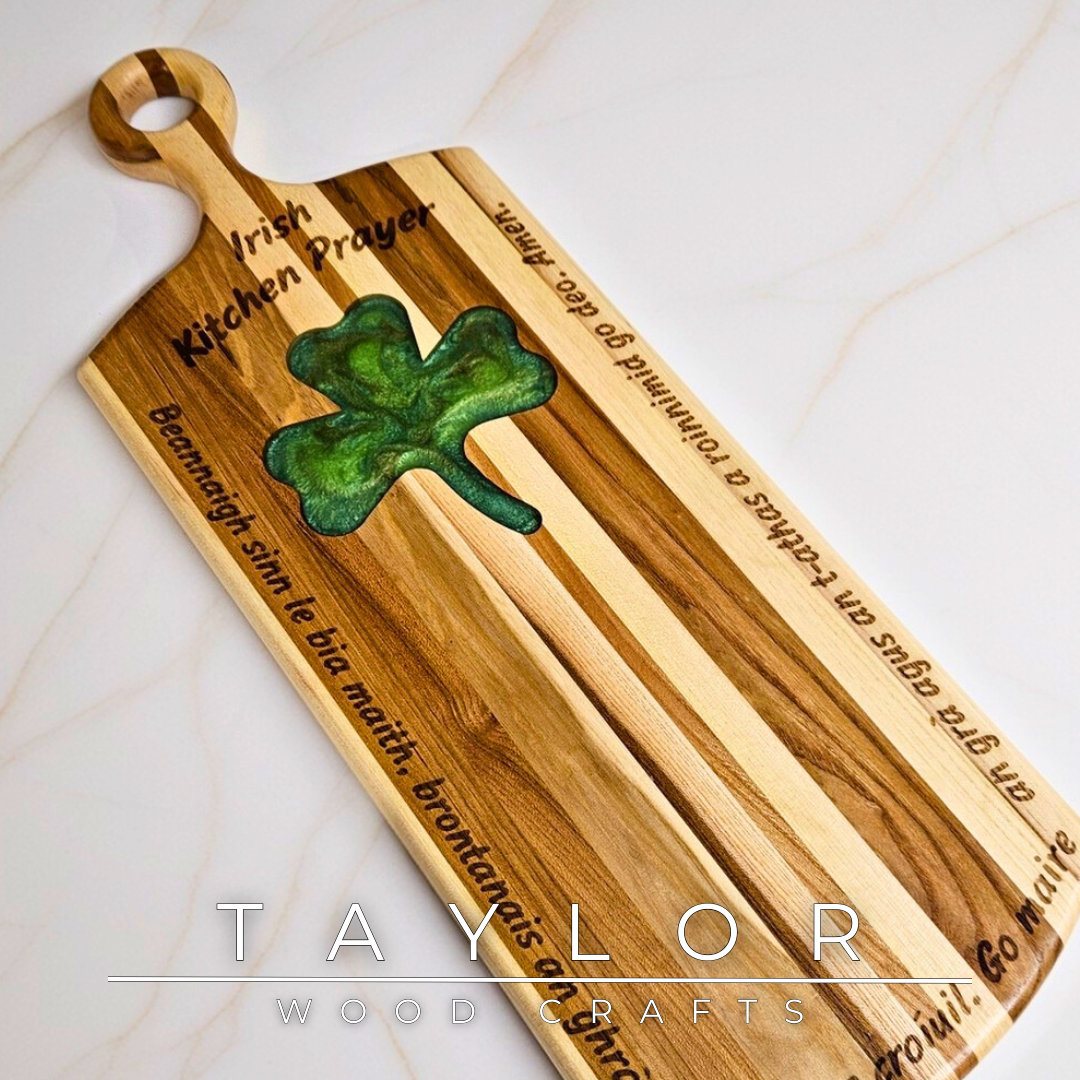 Charcuterie Board Taylor Wood Crafts elm paddle-style board with shamrock epoxy inlay Irish prayer engraving, food‑safe finish