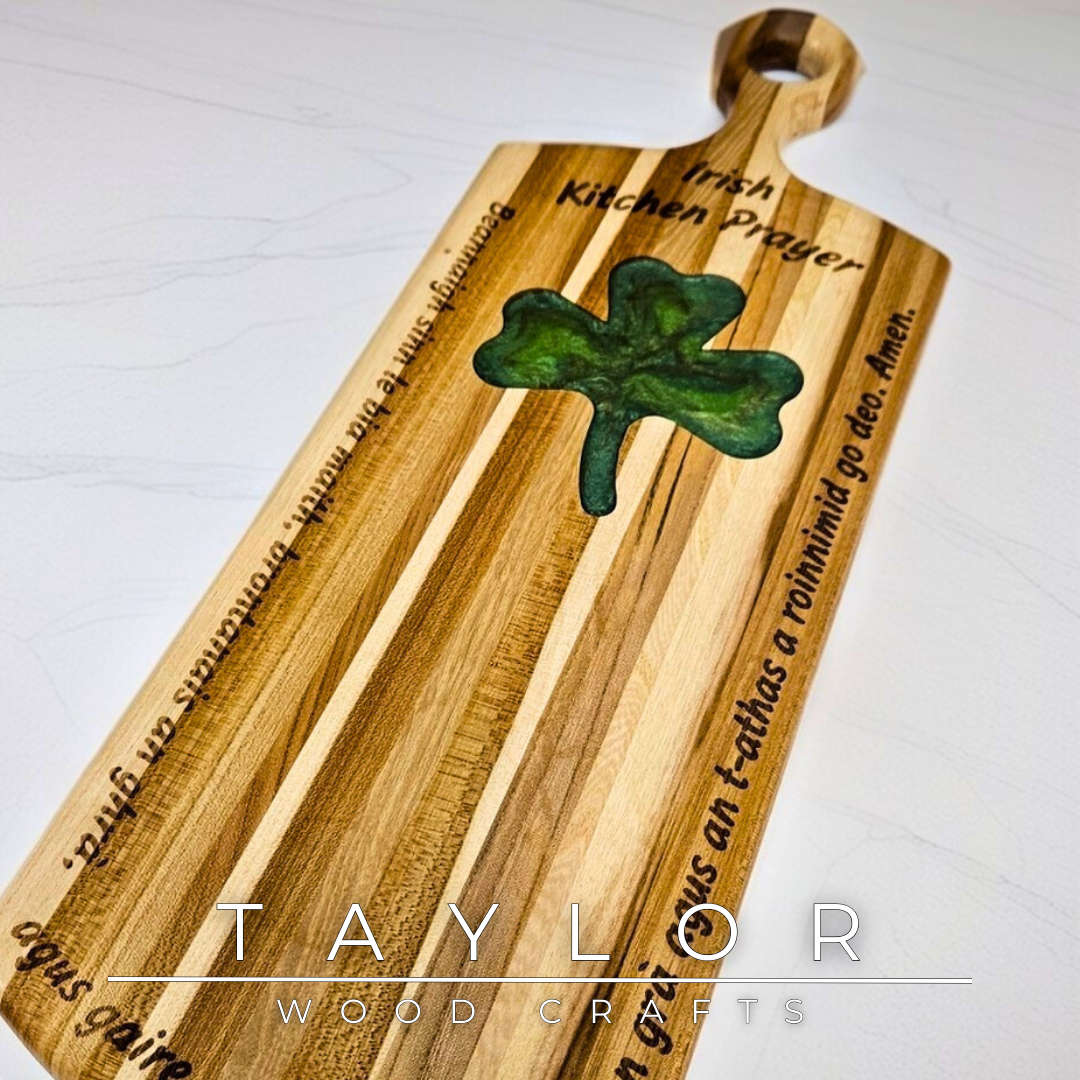 Charcuterie Board Taylor Wood Crafts elm paddle-style board with shamrock epoxy inlay Irish prayer engraving, food‑safe finish