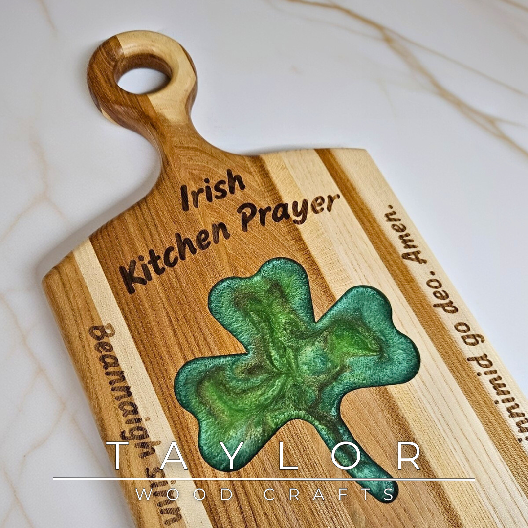 Charcuterie Board Taylor Wood Crafts elm paddle-style board with shamrock epoxy inlay Irish prayer engraving, food‑safe finish
