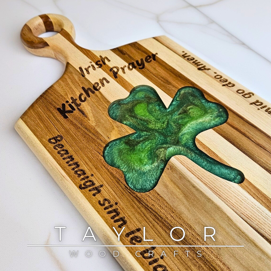 Charcuterie Board Taylor Wood Crafts elm paddle-style board with shamrock epoxy inlay Irish prayer engraving, food‑safe finish