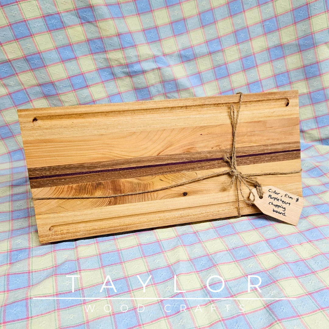 Handcrafted chopping board made from walnut, purple heart, and cedar wood, offering durability and unique style for your kitchen.