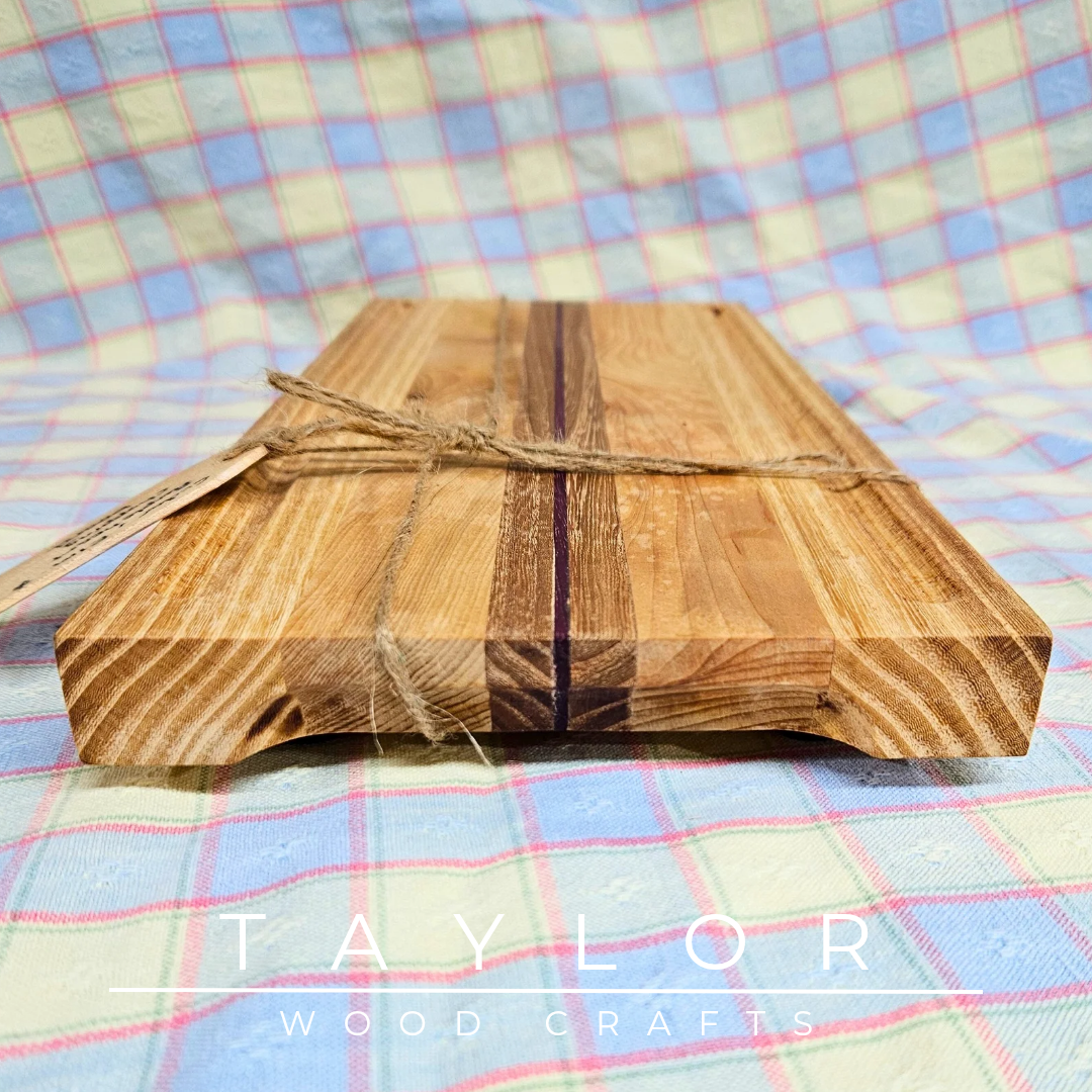 Handcrafted chopping board made from walnut, purple heart, and cedar wood, offering durability and unique style for your kitchen.