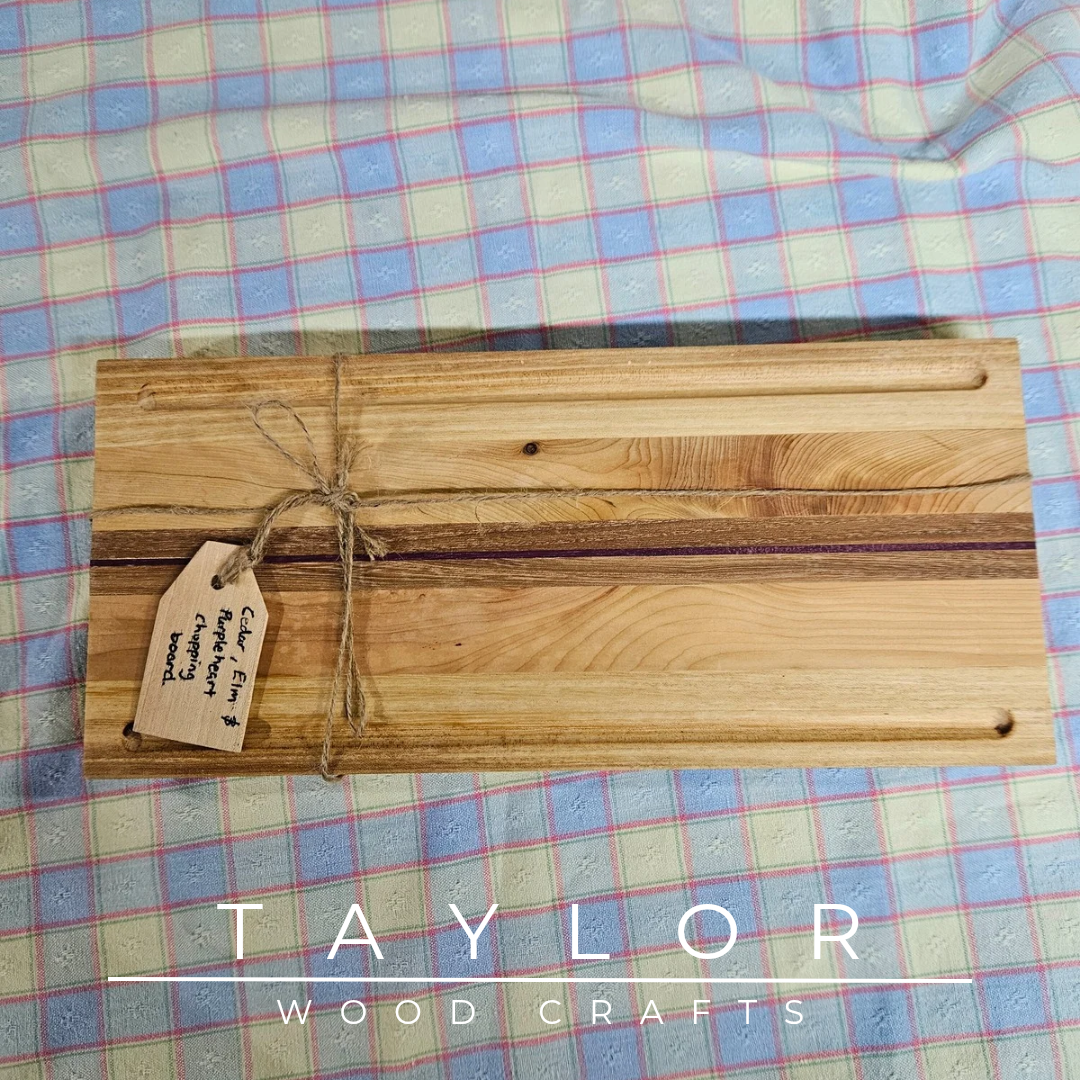 Handcrafted chopping board made from walnut, purple heart, and cedar wood, offering durability and unique style for your kitchen.