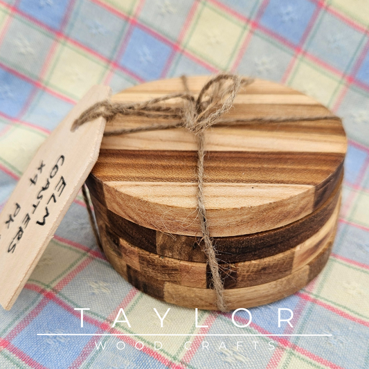 Handcrafted circular elm wood coaster, designed for durability and style to protect your surfaces with natural elegance.