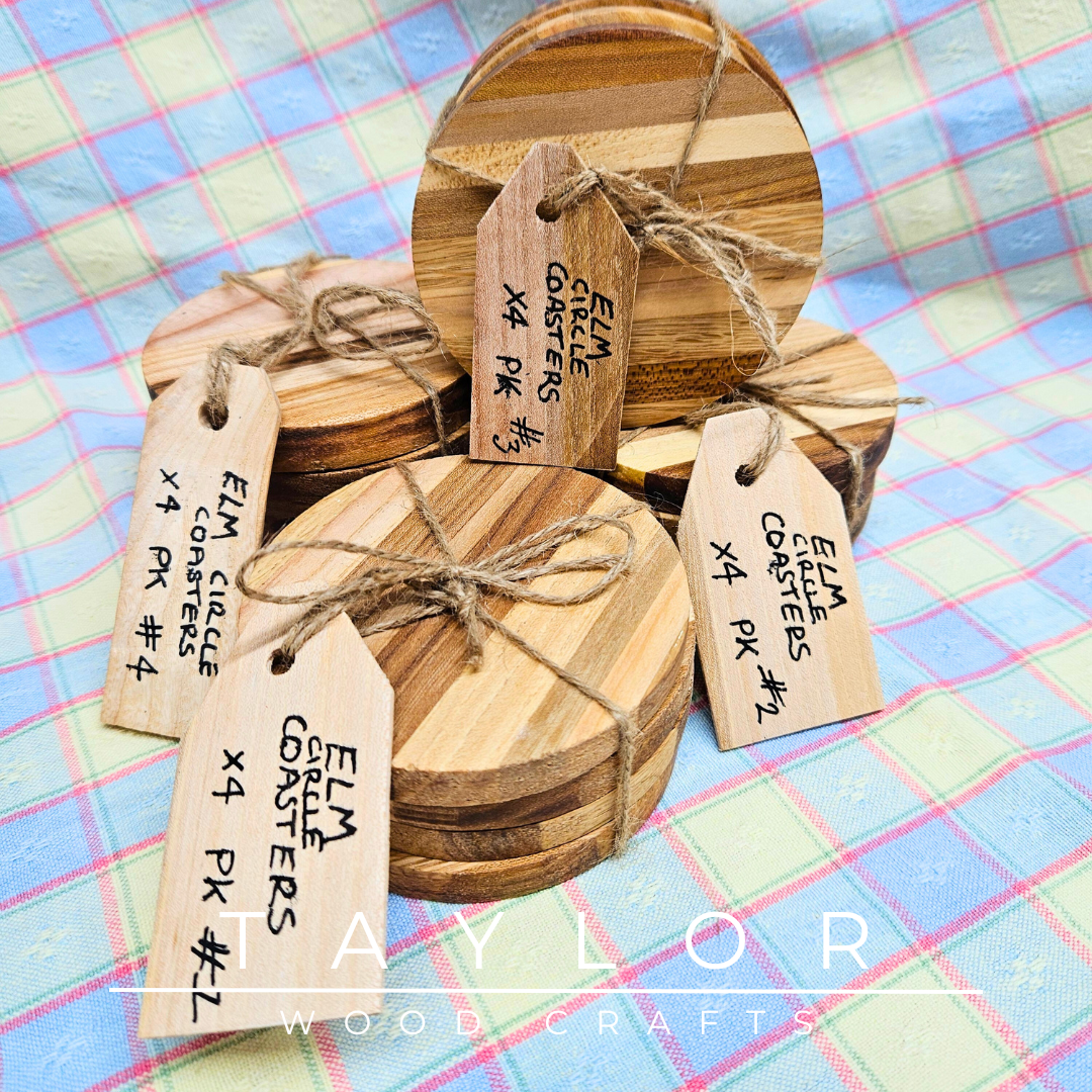 Handcrafted circular elm wood coaster, designed for durability and style to protect your surfaces with natural elegance.