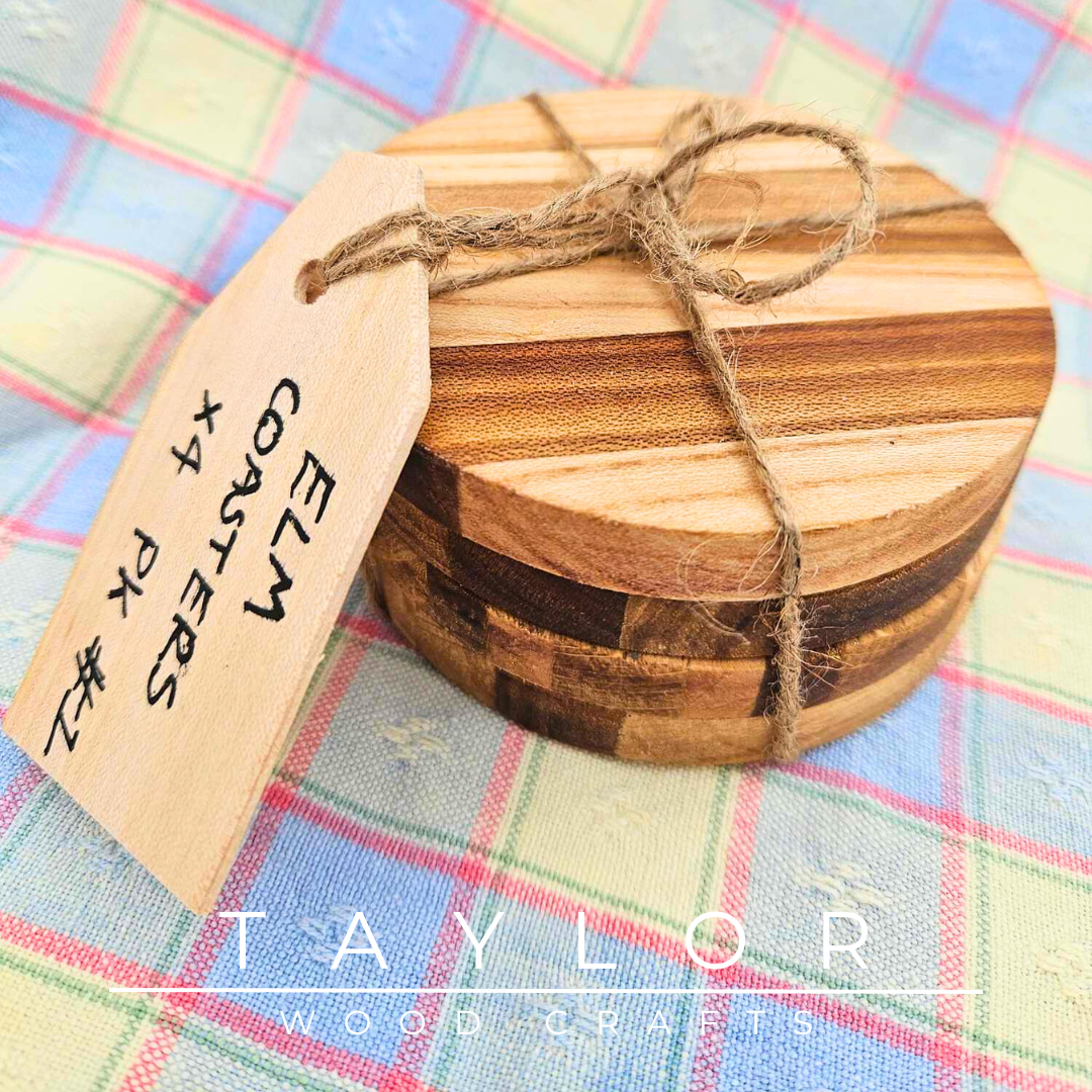 Handcrafted circular elm wood coaster, designed for durability and style to protect your surfaces with natural elegance.