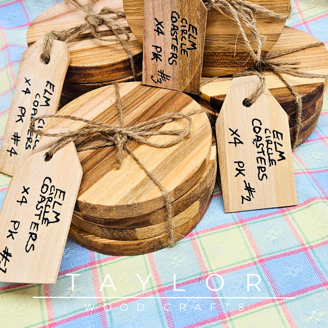 Handcrafted circular elm wood coaster, designed for durability and style to protect your surfaces with natural elegance.