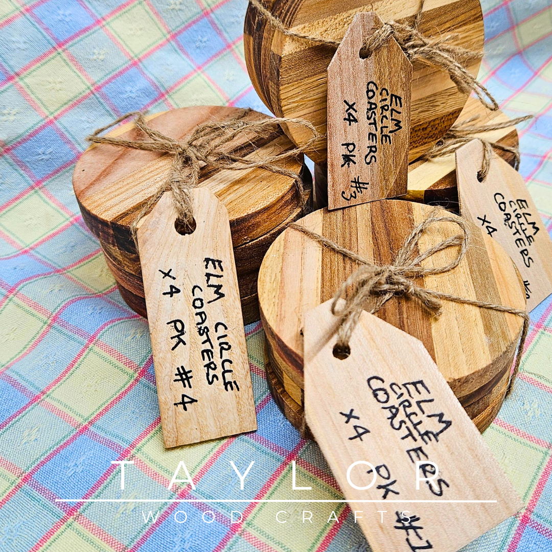 Handcrafted circular elm wood coaster, designed for durability and style to protect your surfaces with natural elegance.