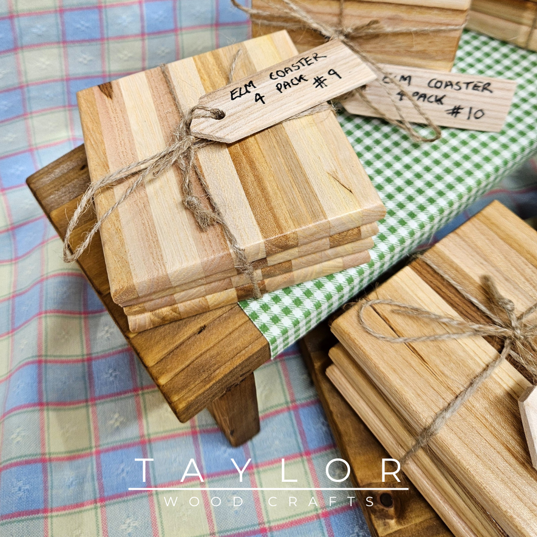 Handcrafted elm wood four coaster pack, offering natural elegance and durability to protect your surfaces in style.
