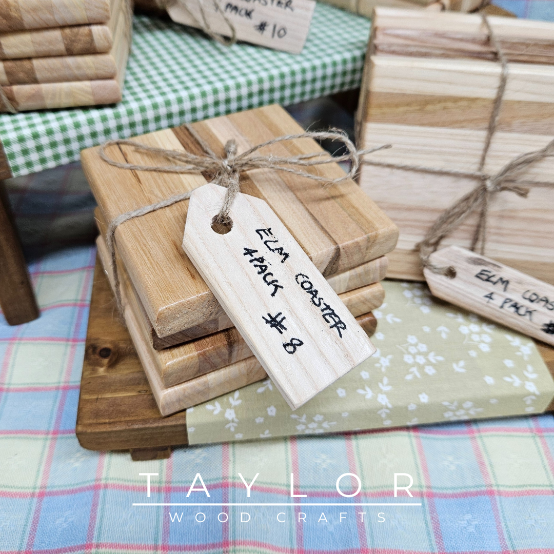 Handcrafted elm wood four coaster pack, offering natural elegance and durability to protect your surfaces in style.