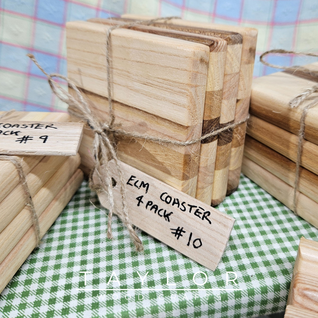 Handcrafted elm wood four coaster pack, offering natural elegance and durability to protect your surfaces in style.
