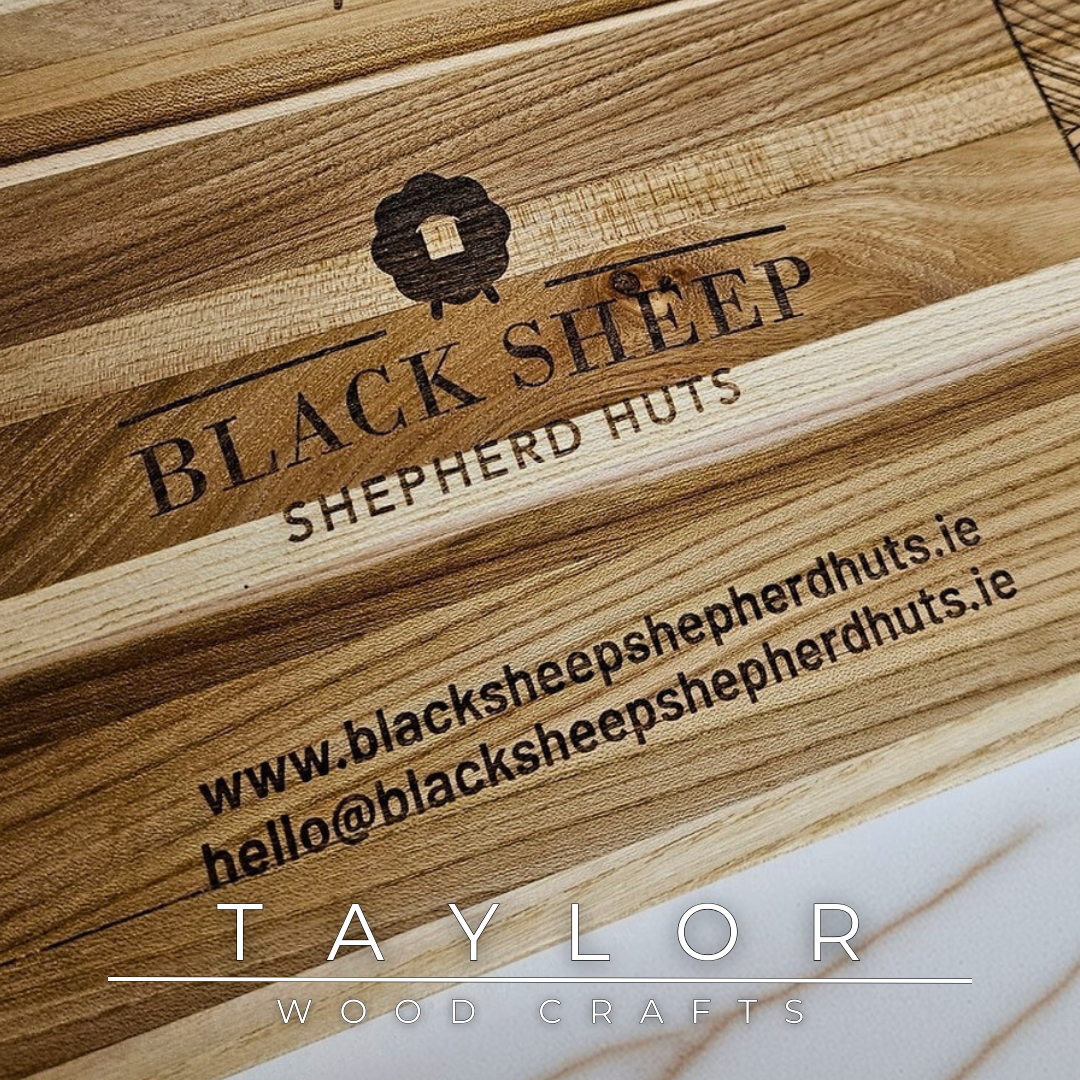 Collaboration laser engraving Taylor Wood Crafts – Custom elm wood chopping board featuring dual logos and contact details