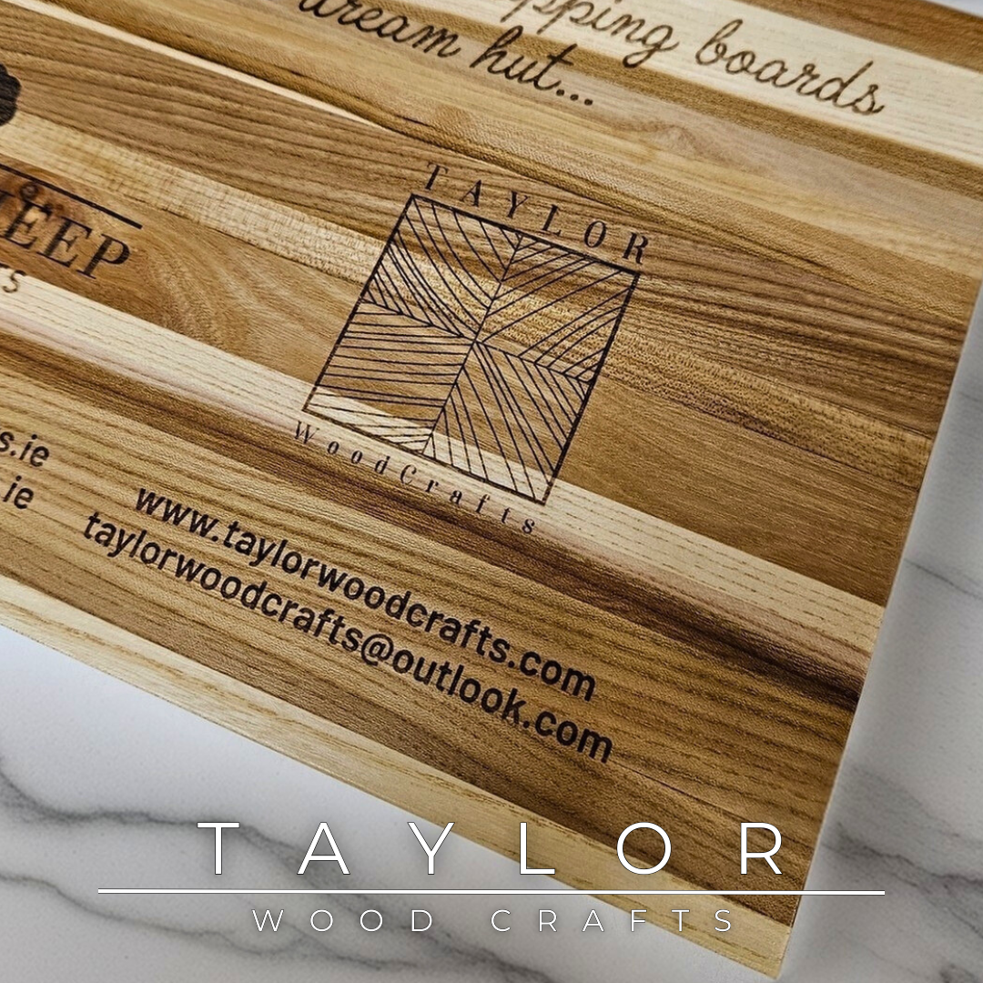 Collaboration laser engraving Taylor Wood Crafts – Custom elm wood chopping board featuring dual logos and contact details