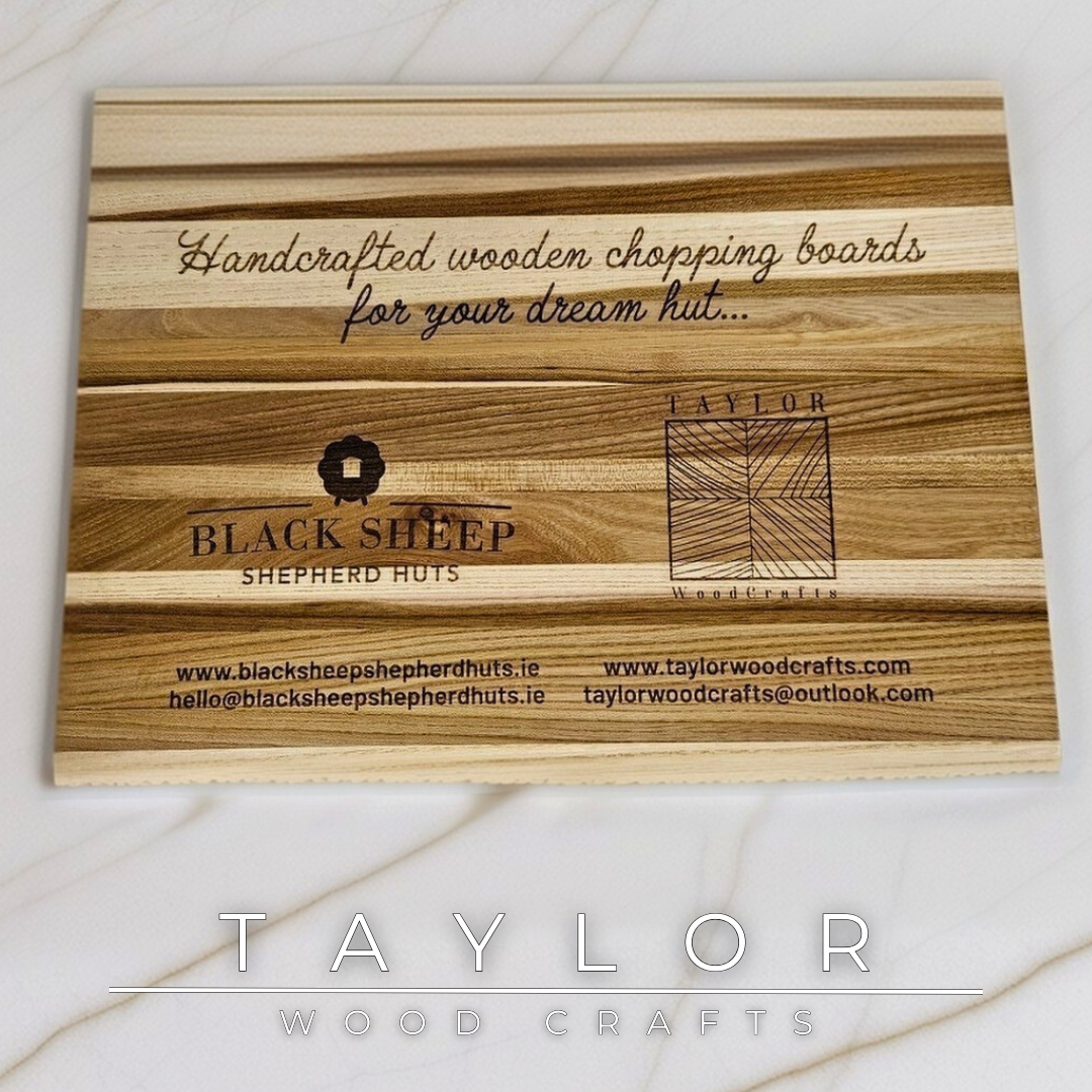 Collaboration laser engraving Taylor Wood Crafts – Custom elm wood chopping board featuring dual logos and contact details